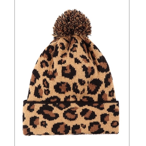 2/$25 - Leopard Print Knitted Pompom Beanie - Picture 1 of 4